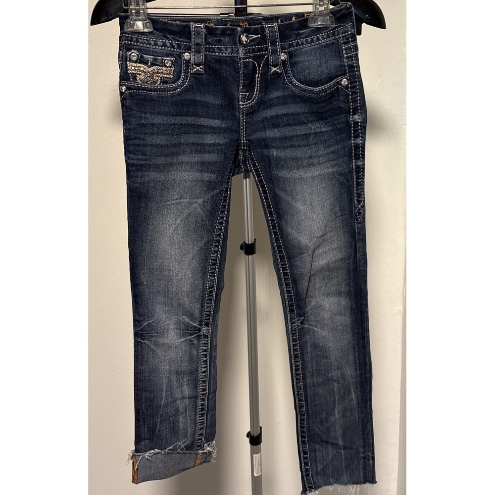 Rock Revival Betty Women's Sz 24 Stra Cut Dark Wash Jeans Embellished Distressed - Picture 6 of 12